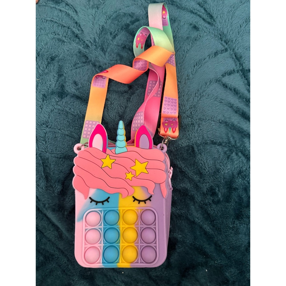 Rainbow Unicorn Pop It Fidget Purse Silicone Crossbody Bag Kids Sensory Toy Pink